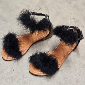 Faux Fur Black Ankle Strap Flat Sandals